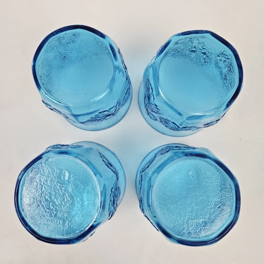 Anchor Hocking Springsong Drinking Glasses Laser Blue Flower 8 oz MCM 4 Piece